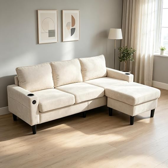Su & Chan Legence L Shaped Sofa, Corner Sofa with USB Charging Ports, 2 Side Pockets and 2 Cup Holders, 3 Seater Sectional Sofa for Apartment, Living Room, Beige