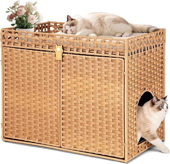 Cat Litter Box Enclosure, Handwoven Rattan Hidden Litter Box