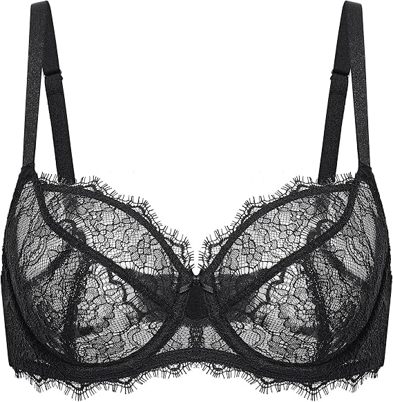 DOBREVA Women's Minimiser Bra Full Coverage Unlined Lace See Through Bras Underwire Plus Size