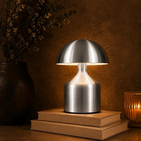 CoverZone Şarj Edilebilir LED Mantar Masa Lambası, Dokunmatik 3 Renk Modlu, 1800 Mah Kablosuz Metal Abajur, USB Type-C Şarjlı Komodin Gece Lambası, LED3202-1, Gri Renk [Enerji Sınıfı A]