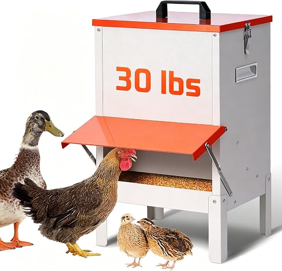 50lbs Automatic Chicken Feeder and Duck Feeder，Large Poultry Feeder for Chickens, Ducks, Geese, Pigeons, Dogs, Fish, Cats (Orange)