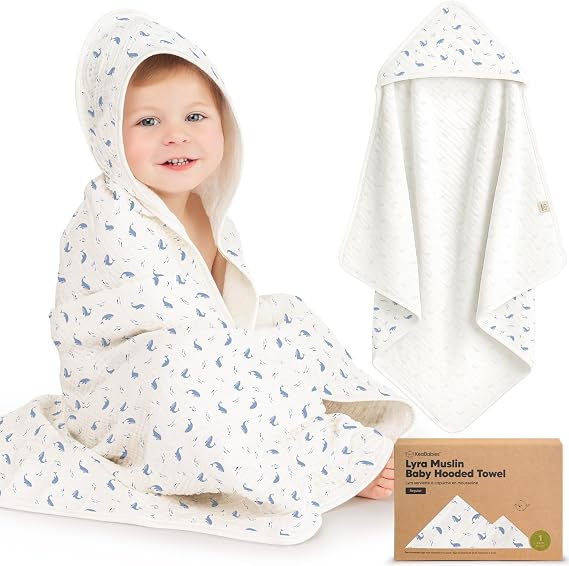 KeaBabies モスリンベビーバスタオル フード付き 女児用 男の子用ホエールベイ、35x35
