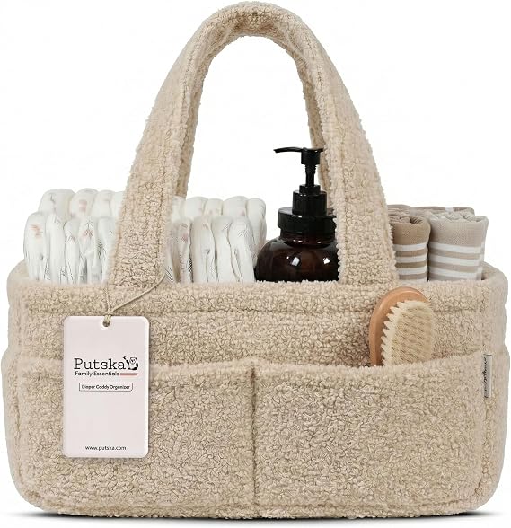 PUTSKA Baby Nappy Caddy Organiser, Fleece Nursery Basket, Cream