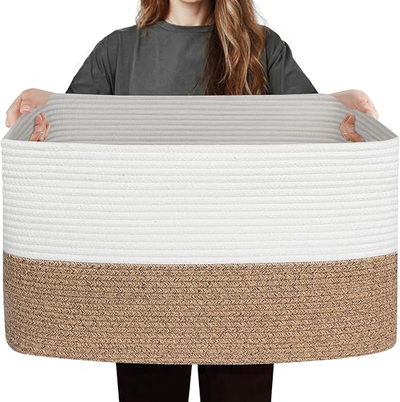 Large Storage Basket, Rectangular Cotton Rope Basket for Blankets, Toys, Clothes, Towels, Woven Baby Washing Basket for Laundry, 56x43x30.5cm, 75L, Brown