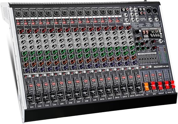 16 Channel Audio Mixer Professional Sound Mixing Board with 99 DSP Effects, 7-band EQ Digital DJ Mixer Console w/USB Bluetooth MP3 for Recording, Independent 48V Power & Mute Button