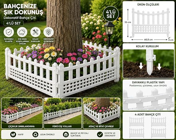 4’lü Set Dekoratif Plastik Bahçe Çiti 60,5 x 55 cm Çiçeklik Sınırlandırma Çiti Bahçe Kenar Çiti Beyaz