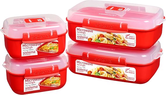 Sistema Heat and Eat Microwave Set | 1.25 L525 ml | Rectangular School Lunch Boxes with Steam Release Vents | BPA-Free | 4 Count
