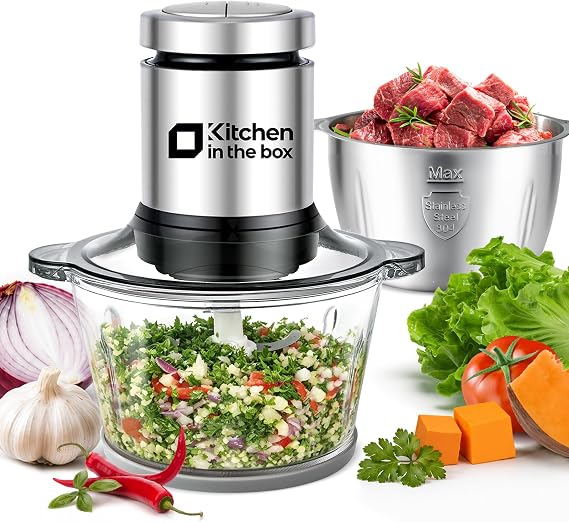 Kitchen in the box 2L+2L Electric Food Processors & Chopper with 304 Stainless Steel Container and Glass Container, 2 Speed Settings, 4 Stainless Steel Blades for Chopping Meat, Baby Food, Vegetable