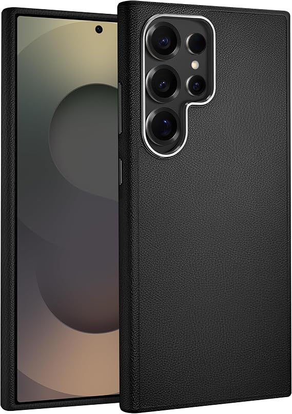 Teknoft Samsung Galaxy S25 Ultra için Leth Shield Serisi Parmak İzi Tutmayan Deri Görünümlü Metal Tuşlu ve Metal Lens Çerçeveli Silikon Kılıf (Siyah, Galaxy S25 Ultra)