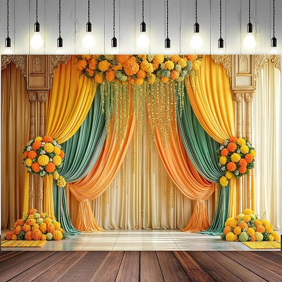 Indian Pooja Backdrop Photography Background, Traditional Chatiya Navratri Ganpati Ganesh Marigold Backdrops Wall Decor for Durga Puja(7x5FT), Multi4