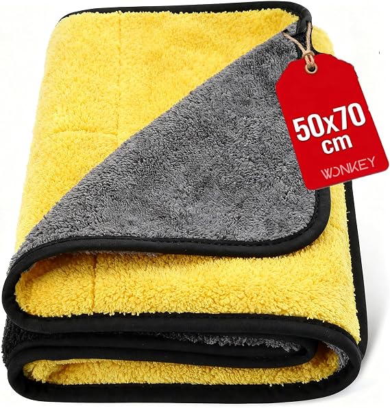 WONKEY - Ultra Kalın Mikrofiber Oto Araba Yıkama Kurulama Havlusu 70x50 cm, Büyük Boy Çift Katlı Araç Kurutma Bezi