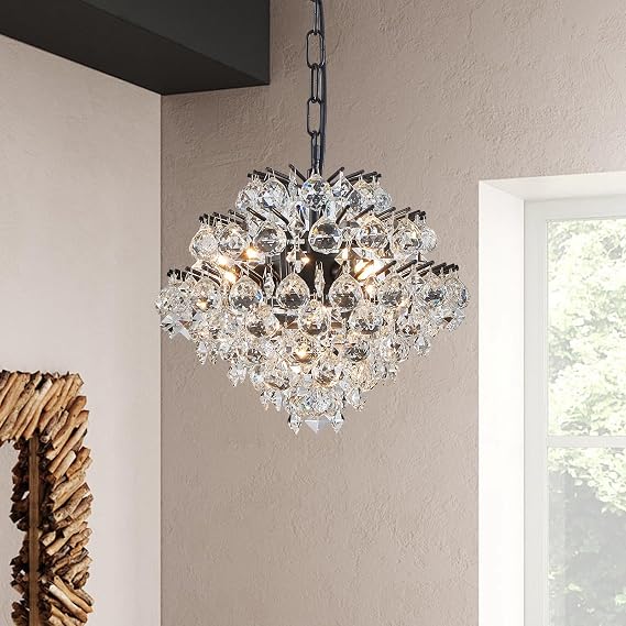 BESTIER Black Modern Pendant Chandelier Crystal Raindrop Lighting Ceiling Light Fixture Lamp for Dining Room Bathroom Bedroom Livingroom 4 G9 Bulbs Required D28cm x H30cm [Energy Class A+++]