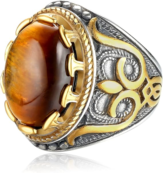 Dochais Retro Large Tiger Eye Stone Mens Ring Turquoise Vintage Ring for Men Oval Gemstone Stainless Steel Ring