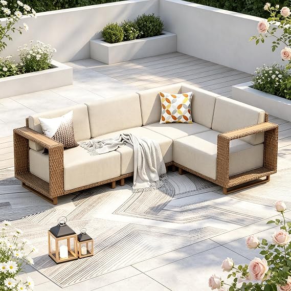 PHI VILLA Rattan Garden Furniture Sets with Thickened 25cm Cushions, 4 Seater L Shaped Outdoor Corner Sofa, Modular Patio Lounge Set for Backyard, Beige