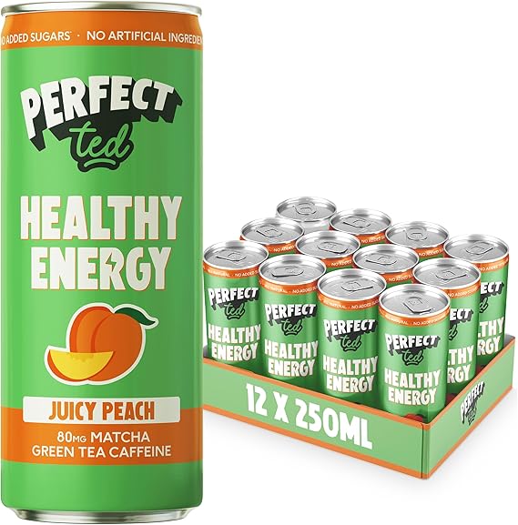 PerfectTed Matcha Energy Drink Juicy Peach, Sparkling, 12 x 250ml Cans