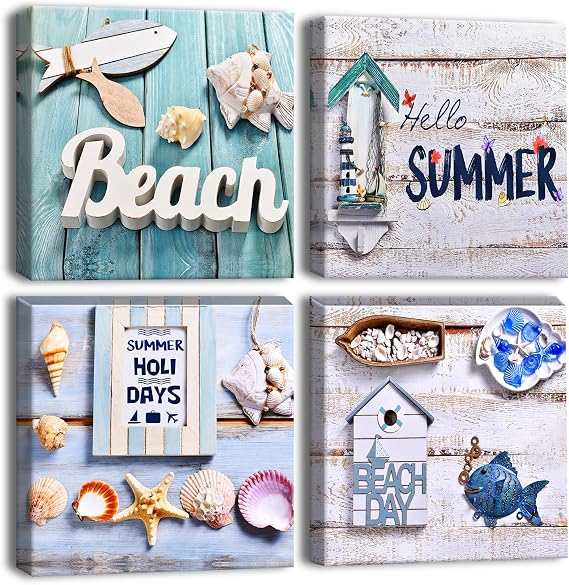 Artscope 4 Pieces Wall Art Canvas Prints - Beach Holiday Picture Painting- Modern Wall Artwork Framed for Bathroom Home Office Decor - 30 x 30 CM