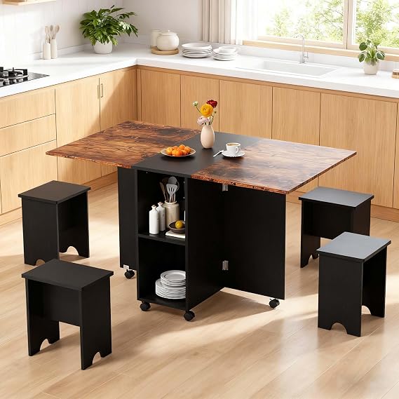Warmiehomy Foldable Dining Table and Chairs Set 4, Black & Brown