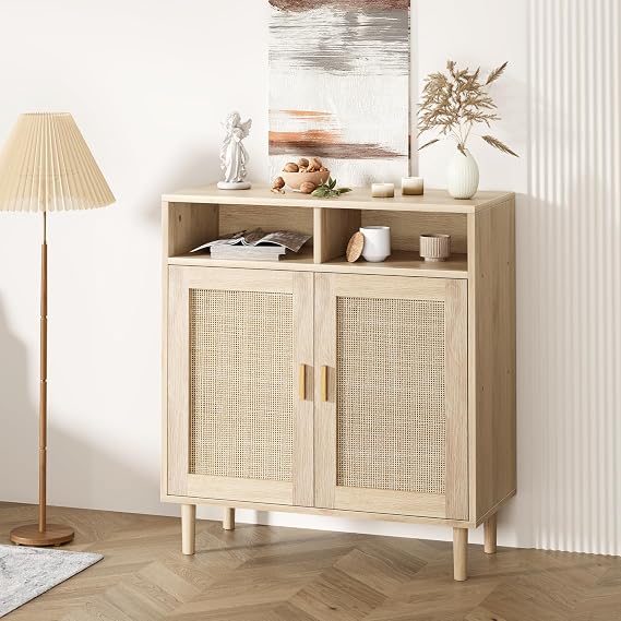 Sideboard Buffet Cabinet, 36''H Rattan Cabinet with 2 Doors, Accent Kitchen Storage Cabinet, Cupboard Console Table,Modern Coffee Bar Cabinet for Kitchen Dining Room Entryway Living Room, Natural Oak