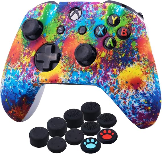 Yorha Print Rubber Silicone Case Skin Bags for Xbox One S/X Controller x 1 (Splash Colour) with Thumb Grips Attachments Joystick Caps x 10