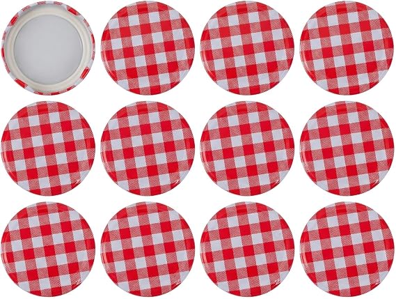 Jam jars with lids - 12 replacement screw-on lids, 63mm size, tinplate material, food grade, red checkered pattern, with lid and jam jar wax paper.