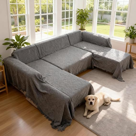 U Shaped Sofa Cover Sectional Couch Covers (Dark Grey)