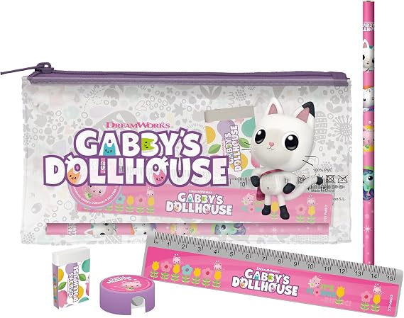 CyP Brands- Gabby, Stationery Set, Writing, Ruler, Eraser, Pencil Sharpener, Pencil, Case, Pink, Official Product