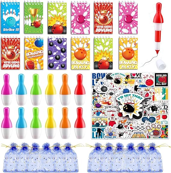 Anprola Bowling Party Stationery Favors with 12 Mini Notepads, 12 Ballpoint Pens, 12 Organza Bags and 50 Stickers for Bowling Themed Birthday Party Decorations Supplies Goodie Bag Fillers Rewards