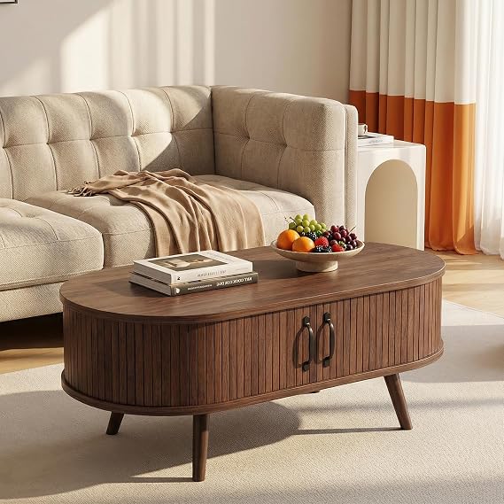 Oval Coffee Table with Hidden Storage, 2 Sliding Doors, Walnut