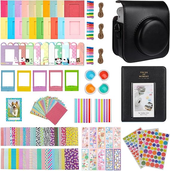 Instant Mini 12 Accessories, Camera Case for Instax Mini 12 with 64 Pockets Photo Plbum and Colour Filters/Picture Frames/Wall Decoration Frames/Frame Stickers/Corner Stickers (Black)