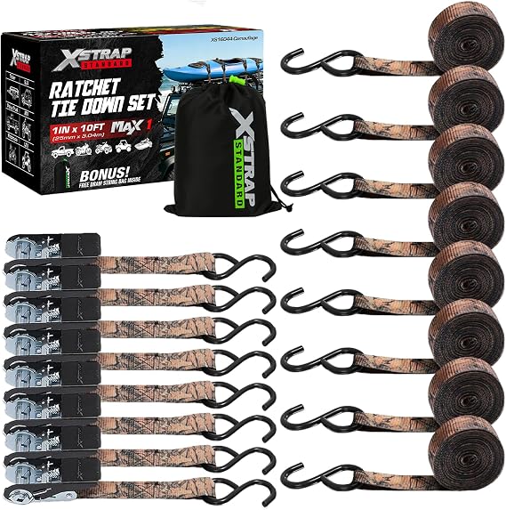 XSTRAP STANDARD 8PK Ratchet Tie Down Straps – 1” X 10 Ft – 900 LB Break Strength – Perfect for Securing Appliances, Motorcycles, and Lawn Equipment (Camouflage)