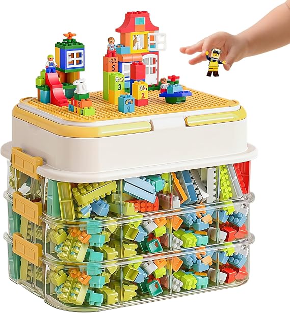 Stackable Brick Storage Box with Puzzle Compartments, 3 Tier Clear Plastic Container with Lids, Adjustable Organiser for Building Blocks Legos, Toy Storage Bin for Crafts Beads