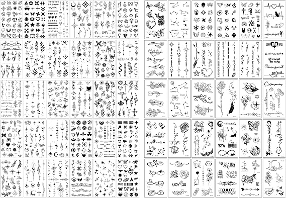 60Sheets Temporary Tattoos 9.7x5.7cm (3.8x2.2in) Black or Color Waterproof Fake Tattoo Stickers Minimalist Fine Line Butterfly Flowers Body Art Realistic Temporary Tattoos for Men Women Adults (A) (A)