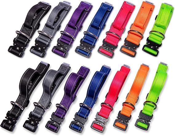 A K9 Bully Dog Tactical Combat Dog Collar with Control Handle, Military Grade Aluminium Heavy Duty Clasp, Welded Stainless Steel D Ring Reflective Webbing, Wide 50mm, Adjustable Large 45-64cm Black