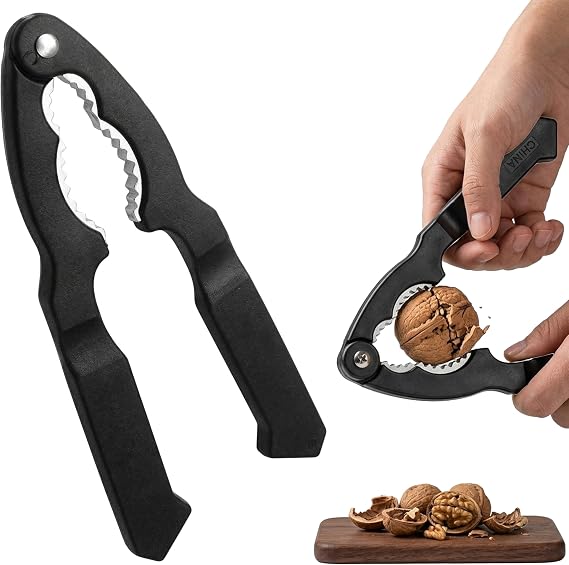 Walnut Cracker Tool with Ergonomic High-Leverage Handles | Professional Zinc Alloy for Pecans, Almonds and Hazelnuts | Durable Non-Slip Kitchen Gadget Black
