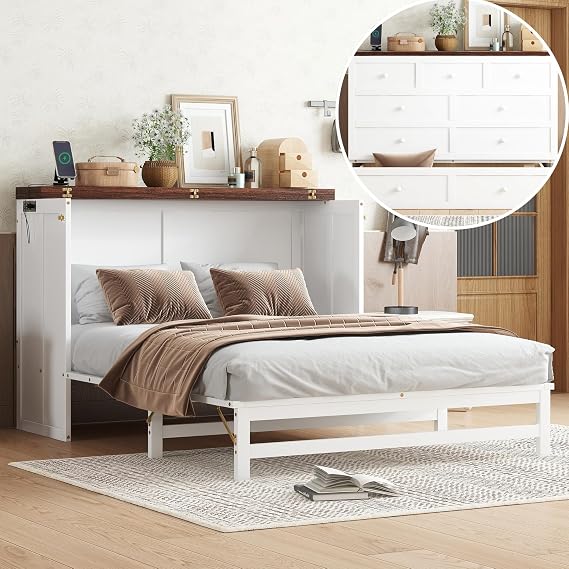 Full Size Murphy Cabinet Chest Bed with Storage Drawer and USB-Ports, Wood Foldable Platform Bed, Space Saving for Home Office, Guest Room, White and Walnut Desktop