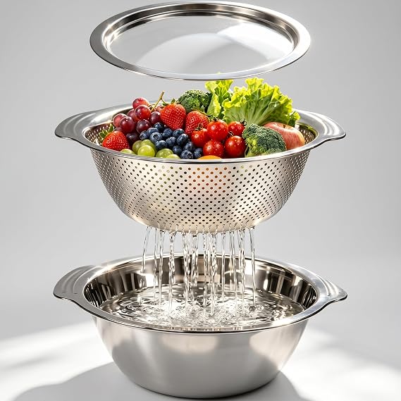 2Pcs Kitchen Colander & Mixing Bowl Set,28cm Stainless Steel Colander Strainer Bowl with Handle and Lid,Kitchen Food Strainer Basket for Draining Pasta,Washing Fruits,Veg and Meal Preparing