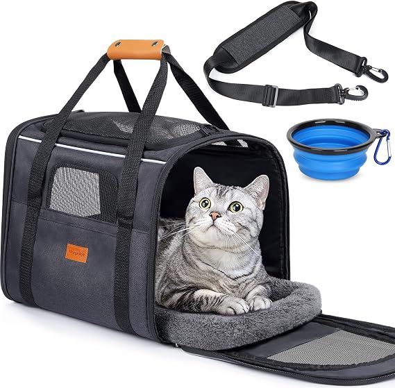 morpilot Dog Cat Carrier, Breathable Pet Carrier Bag, Travel Carrier with Adjustable Shoulder Strap, Cat Carrier with Soft Mattress+Bowl (Black 44 x 31 x 34 cm)