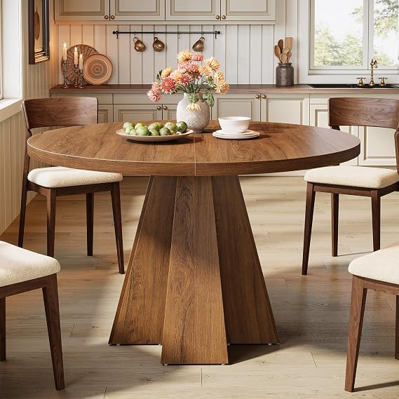 Tribesigns Round Dining Table for 4, Circle Kitchen Table with Pedestal Base, Farmhouse, Space Saving, Dining Room, Kitchen, Living Room, Walnut Brown