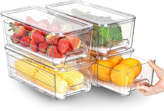 4 Pack Stackable Fridge Storage Organisers, Pull Out Fridge Storage Containers with Lid, Clear Large Fruit Drawer Organiser for Refrigerator, Freezer, Kitchen, Pantry