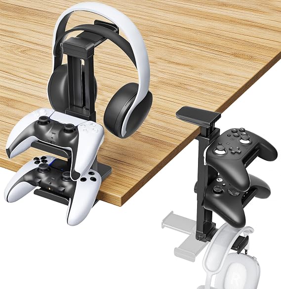 Kosker Adjustable Headset Holder & Controller Holder Table or Under Desk Mount Compatible with PS5 Xbox Nintendo Switch 360° Rotating Organiser for Gaming Accessories