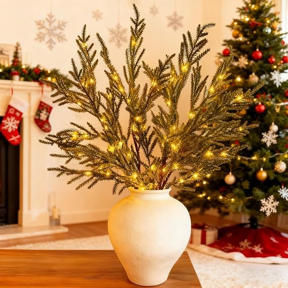 7pcs Artificial Pine Branches, 60cm Pre-Lit Pine Stems, Christmas Real Touch Norfolk Stems,Lighted Norfolk P-ine Branches for DIY Wreaths, Vase Fillers, Indoor Outdoor Decor, Christmas Decor (14pcs)