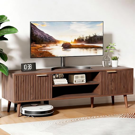 140cm/55in TV Units TV Stand Cabinet for TV up to 60" Wooden TV Console Table 2 Open Storage Cubes 2 Doors Sideboard for Living Room Bedroom Entertainment Room Furniture, Dark Wood Color