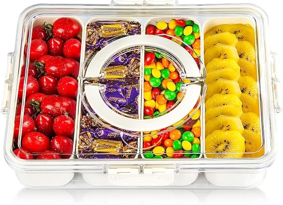 Fridge Food Storage Containers with Lid Handle, Divided Snack Box Serving Tray Airtight Food Containers with 4 Removable Compartment Box for Salad,Vegetables, Fruit, Snacks