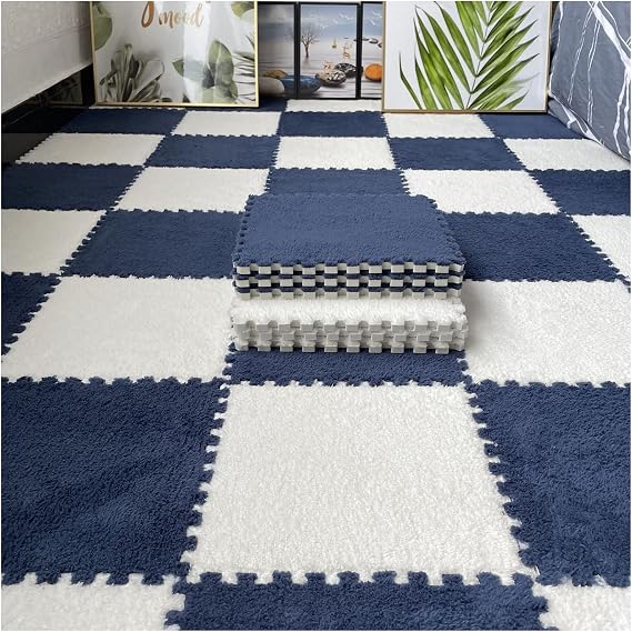 12 Pcs Interlocking Carpet Tiles, Plush Foam Square Floor Mats Set, Puzzle Floor Mat For Living Room, Bedroom And Hard Floor, 12 Tiles/12 Sq.Ft(Color:Navy Blue+White)