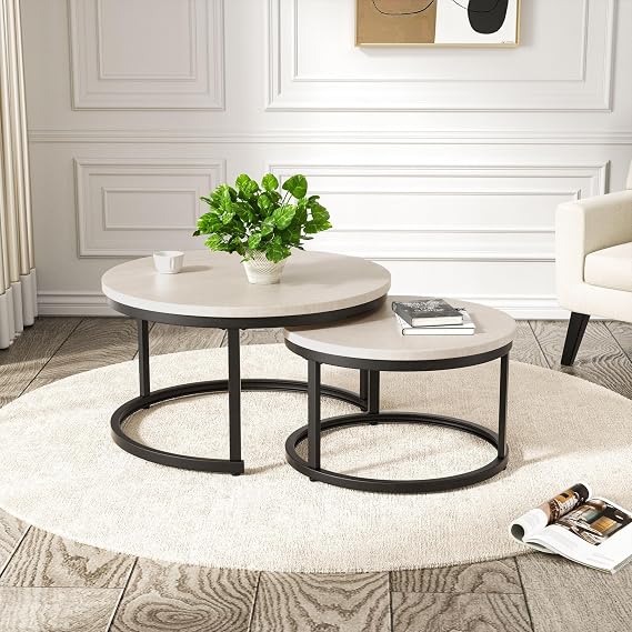 Hawthyhome Coffee Tables, Round Nesting Tables Tet of 2, Industrial Stacking End Tables with Metal Frame, Modern Side Tables for Living Room Bedroom Office, 60 * 60 * 45cm, Light oak