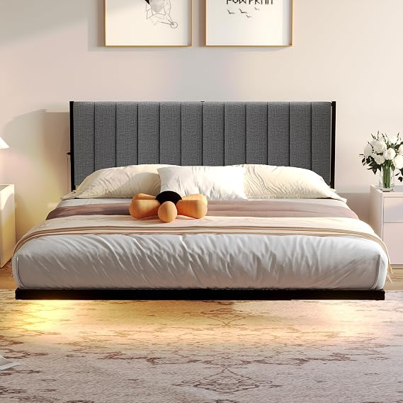 DUMEE King Size Bed Frame with Upholstered Headboard, 5ft Floating Upholstered Kingsize Bed Frame with Charging Station and LED Light, No Box Spring Needed,Metal Slats Support, Gray Floating Bed