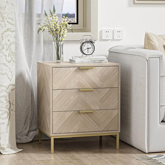 Anmytek 3 Drawer Nightstand for Bedroom, Modern Wood Nightstand Square Bedside Table End Table with Storage for Bedroom Room, Sofa, Natural Oak, H0099