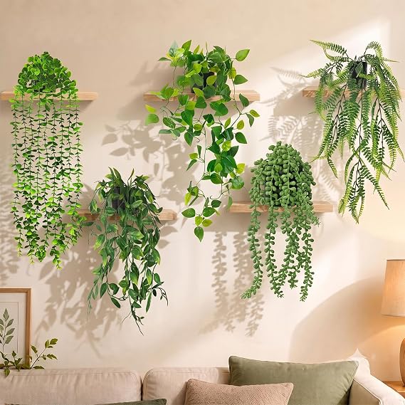 5 Pack Artificial Hanging Plants Indoor, Premium Trailing Artificial Plants Set in Pots for Indoors Outdoor Room Office Patio Wall Decor, 5 Foliage Varieties Fake Hanging Plants