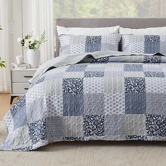 Cozyholy Navy Blue Gray Quilt Set Full Queen Size Patchwork Quilted Bedspread Coverlet Set 3 Piece Plaid Reversible Lightweight Bedding Comforter Set Stitched Bed Cover Blanket with Pillow Shams