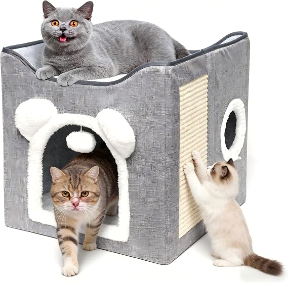 Home Indoor Cats, Bed for Indoor 40 × 40 × 40 cm, Design with Hanging Fluffy Ball and Scratching Mat, Foldable Hideaway for (Grey)